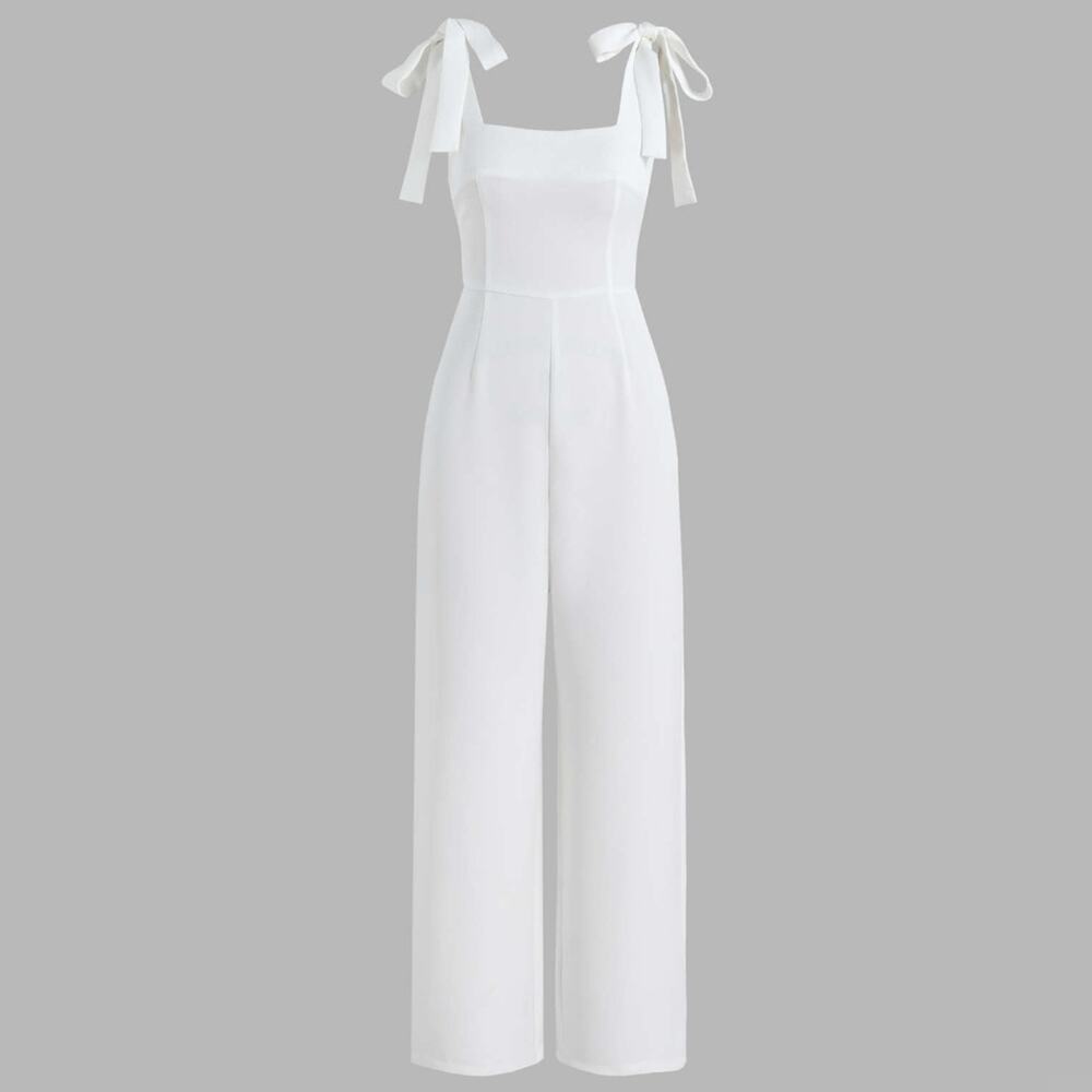 Cider White Tie Shoulder Jumpsuit with Wide-Leg Design